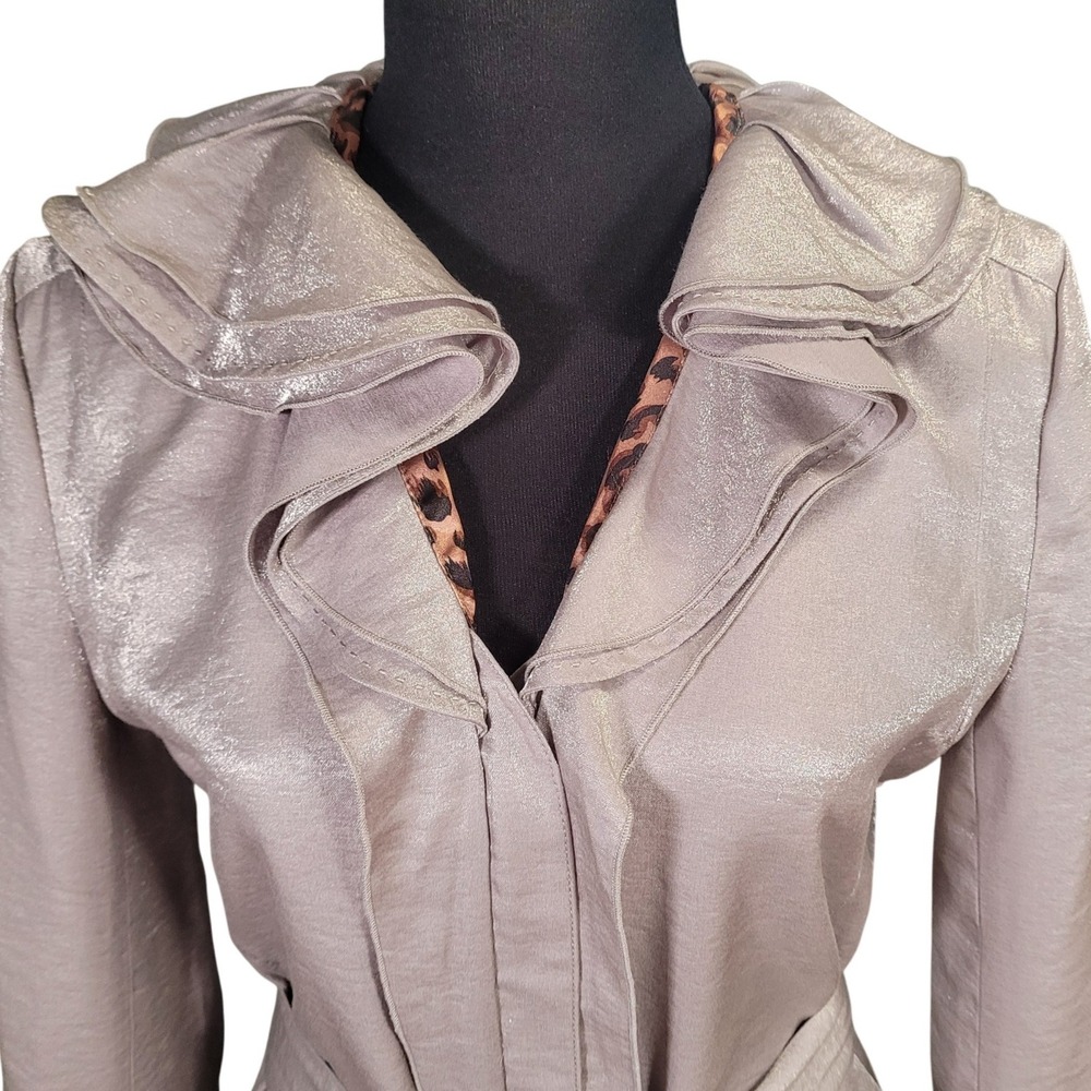 Vintage Y2K UBU Shimmer Ruffle Collar Jacket‎ Leopard Lining Silver Travel M - Picture 2 of 9